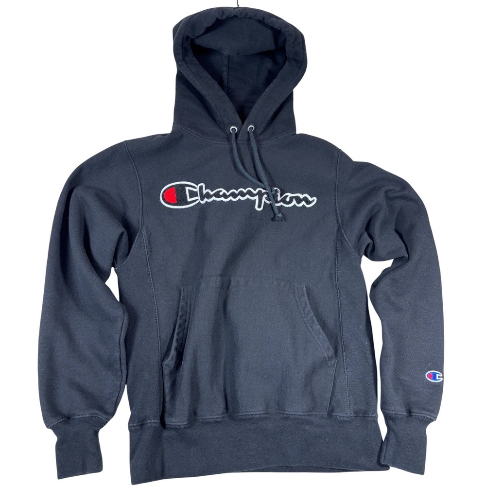Champion Reverse Weave Hoodie Mens Small Black Script Logo Pullover Sweatshirt